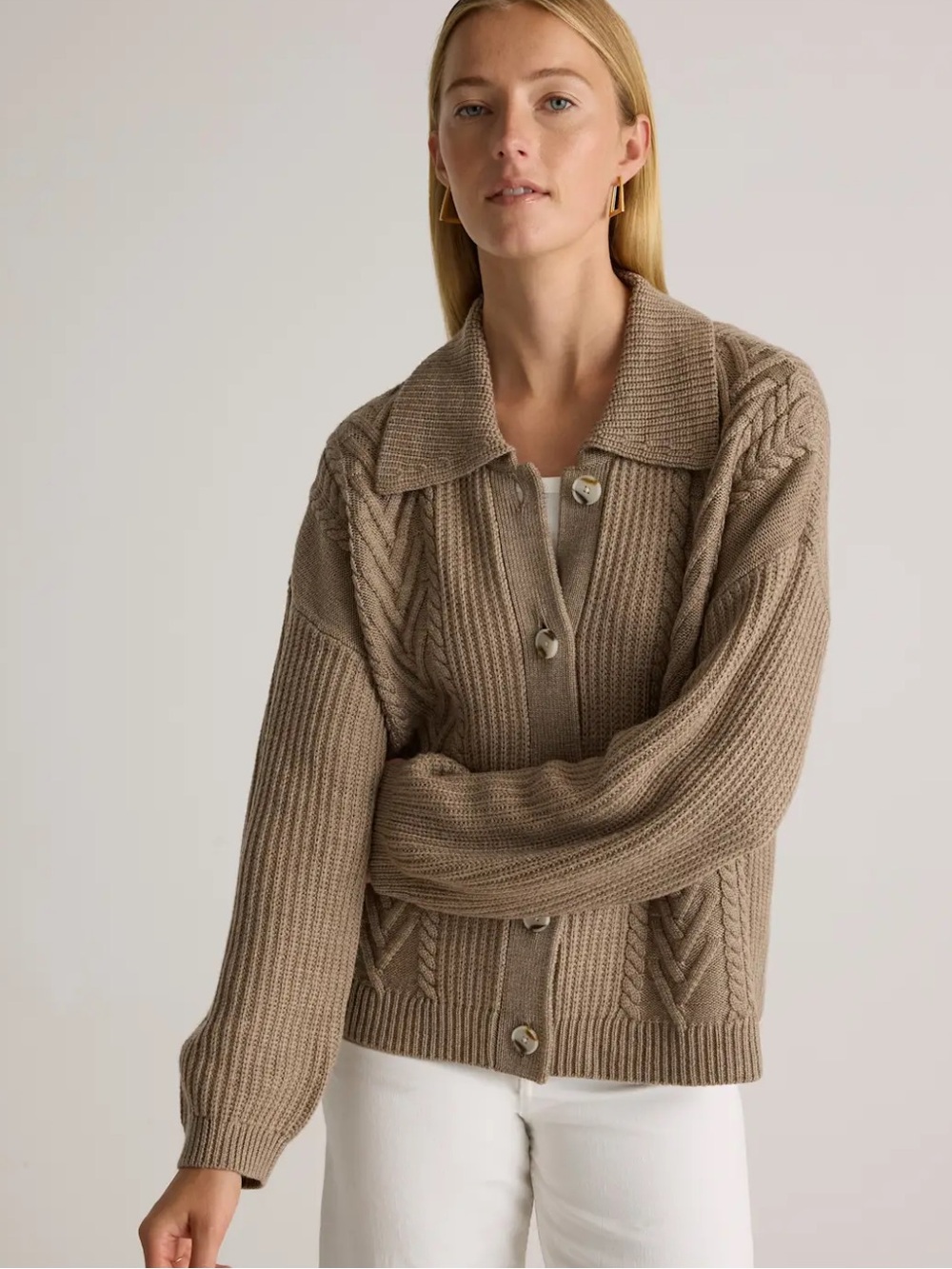 NWT Quince Merino Wool Collared Cable Cardigan Sweater Malted Toffee XL